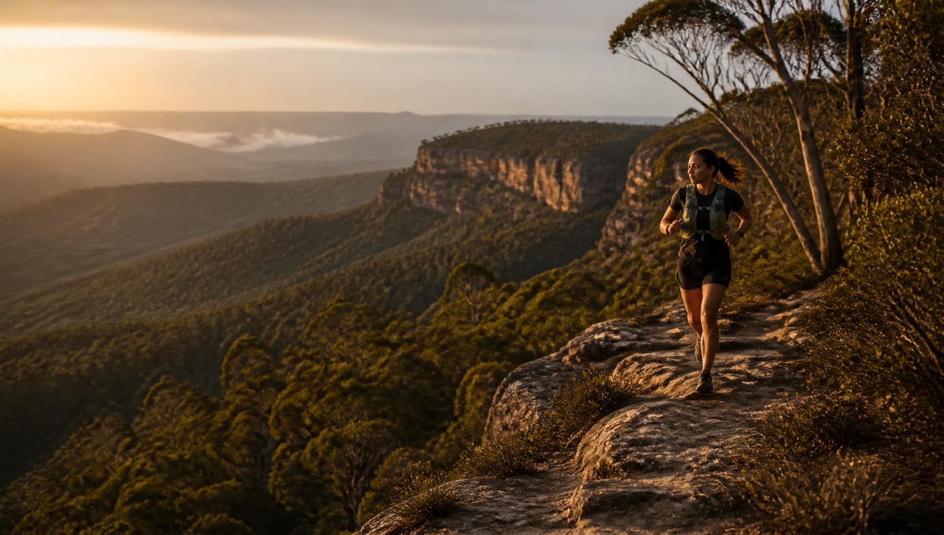 A woman running along a sandstone escarpment ridge at sunrise
